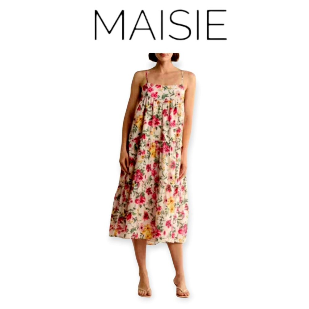 Maisie Floral A-Line Midi Dress Orange Pink Square Neck Tiered Woven Size M NWT